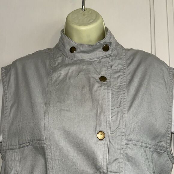 Vintage 80s Sasson Military Camp Light Gray Sleeveless Snap Up Cotton Denim Vest - Picture 2 of 8